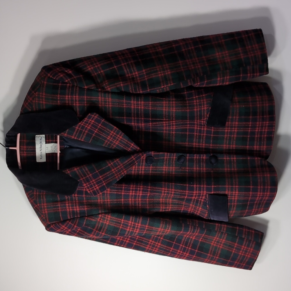 Norton McNaughton | Vintage Plaid Red And Navy Blazer Velvet Accents Size 12
